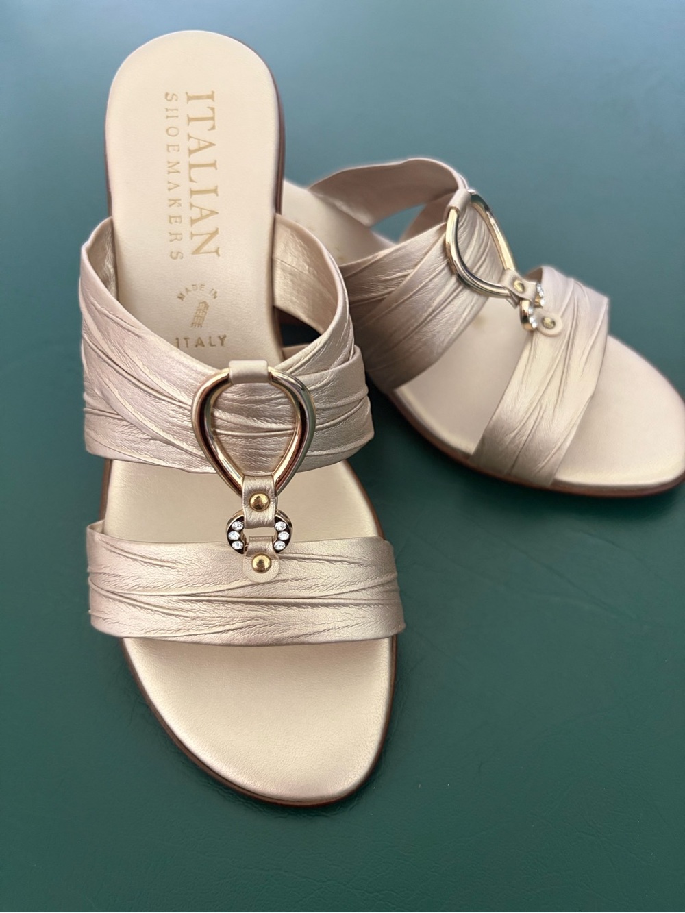 Italian Shoemakers Metallic Blush Slide Mules with Gold Ring Accent